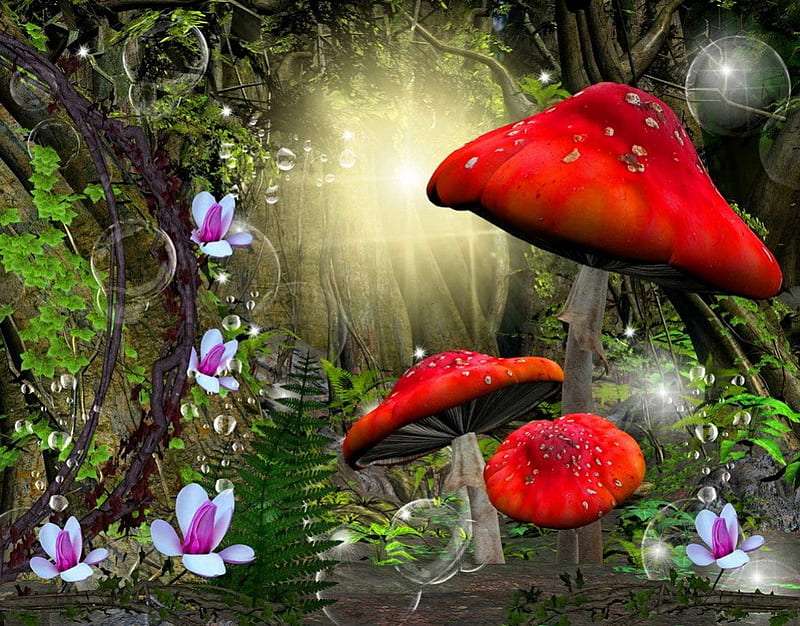 Zaczarowany las a w nim piękne muchomory puzzle online