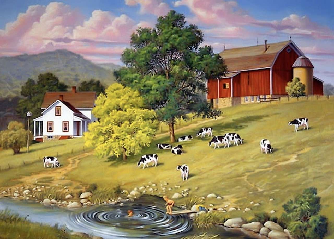 Dobre lato, zielone łąki, szczęśliwe dzieci i krowy puzzle online