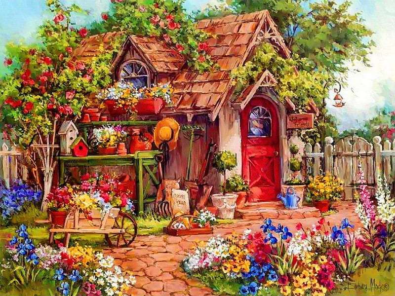 Bajkowy mały domek z kwiatowym ogrodem puzzle online