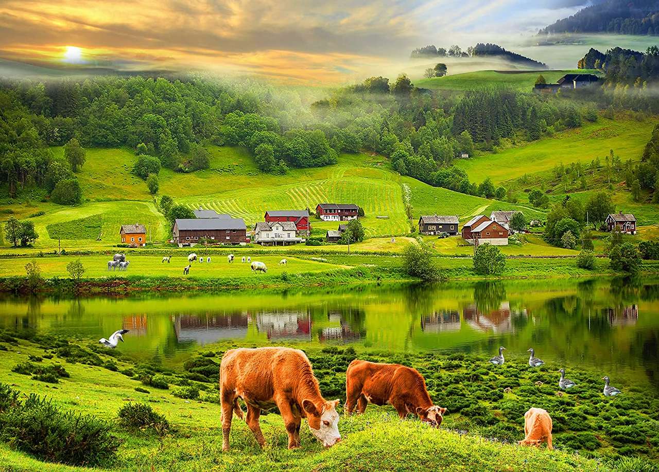 Szczęśliwe zwierzęta na pięknie zielonych łąkach puzzle online