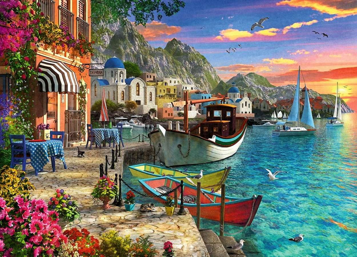Piękna Grecja-romantyczne kawiarnie nad nadbrzeże puzzle online