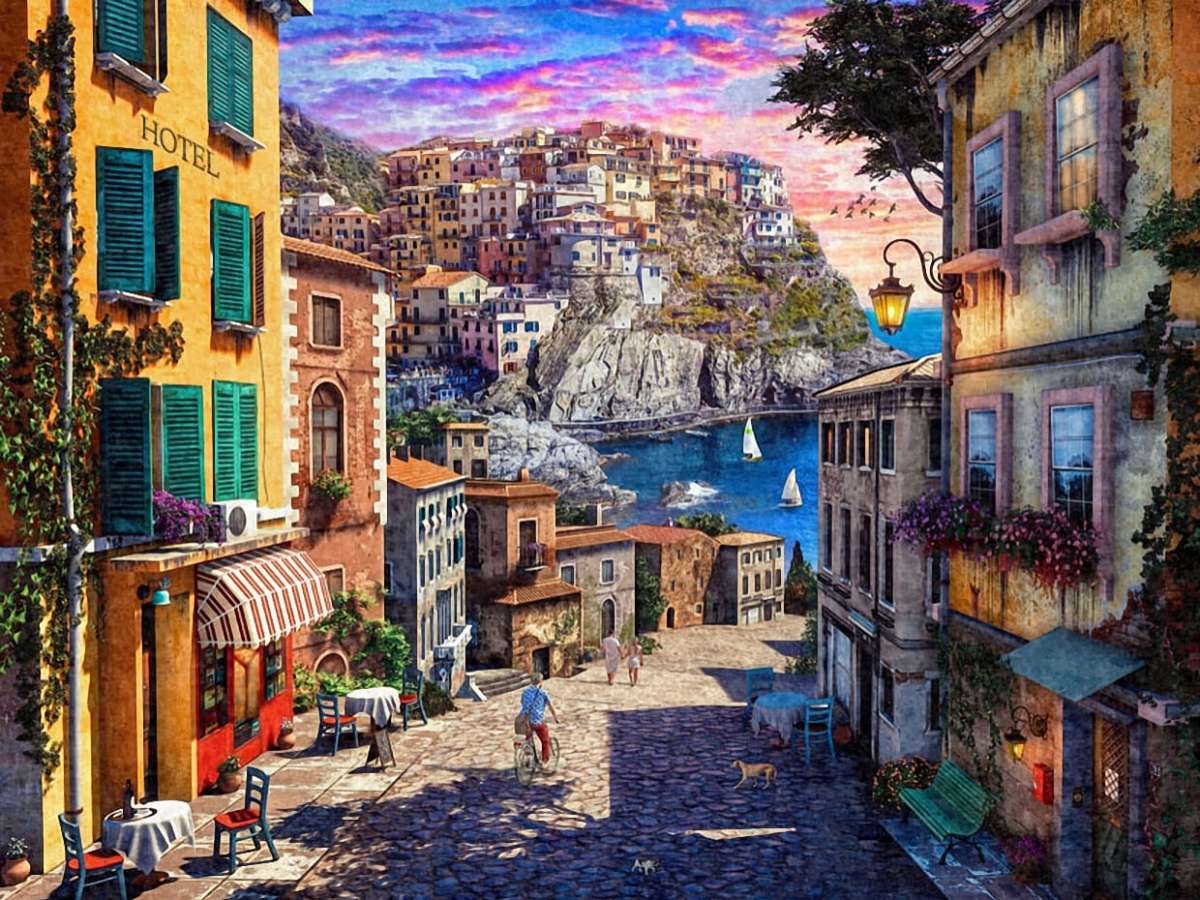Zachód słońca we włoskiej wiosce, uroczy zaułek puzzle online
