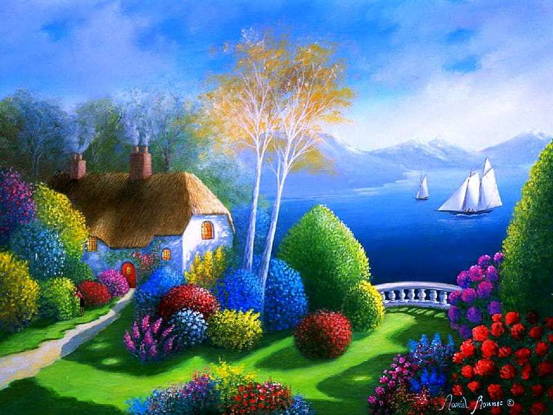 Dom nad brzegiem jeziora, piękna sceneria puzzle online