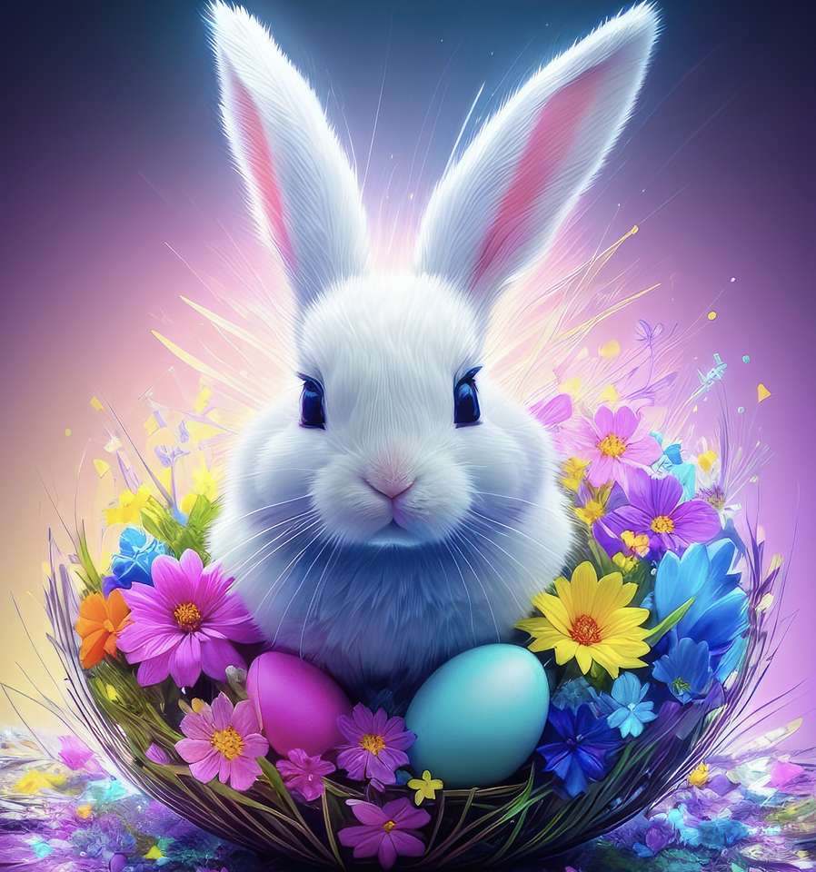 Wielkanocny biały króliczek w koszyczku puzzle online