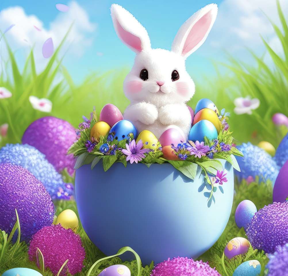 Różowy króliczek z jajeczkami na dzieci czeka puzzle online