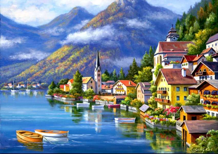 Piękno wioski nad jeziorem, no cudo puzzle online
