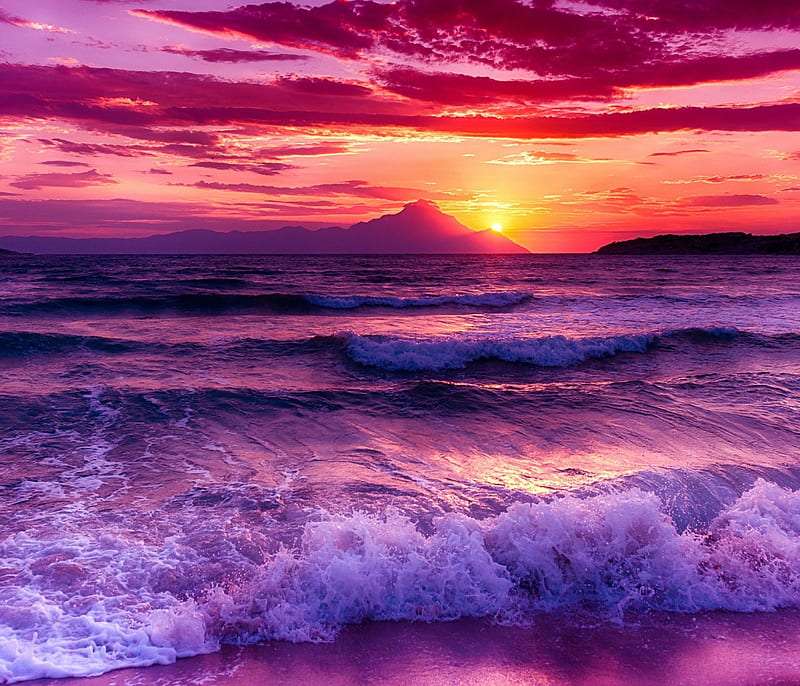 Piękno nieba, zachód słońca, wzburzony ocean puzzle online
