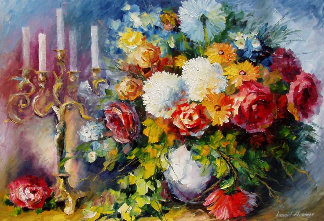 Artystyczne, malarstwo, świeczniki, kolorowe, kwiaty puzzle online