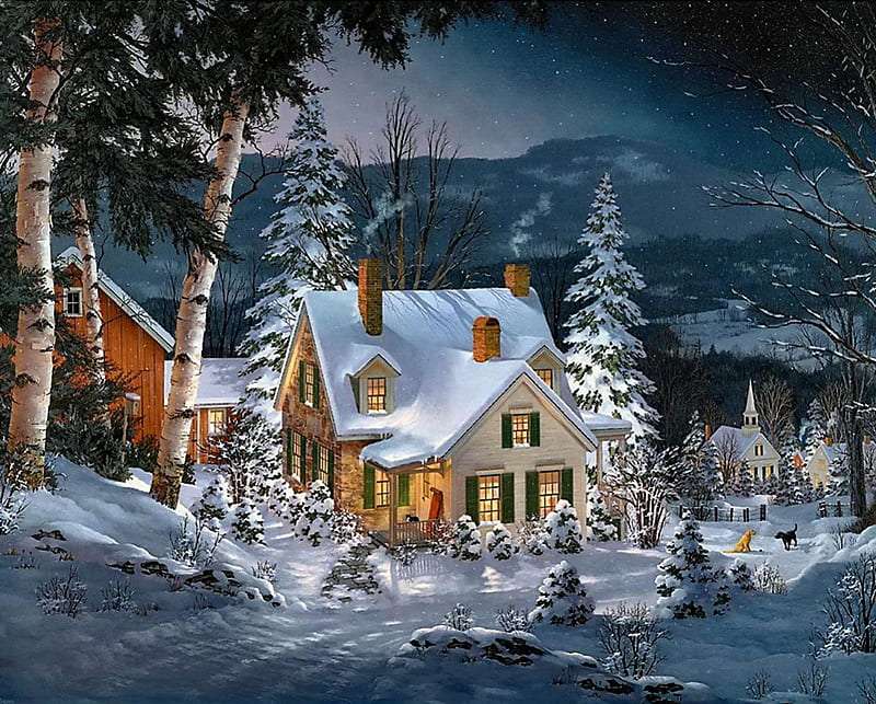 Zimowa noc pełna gwiazd, piękny widok puzzle online