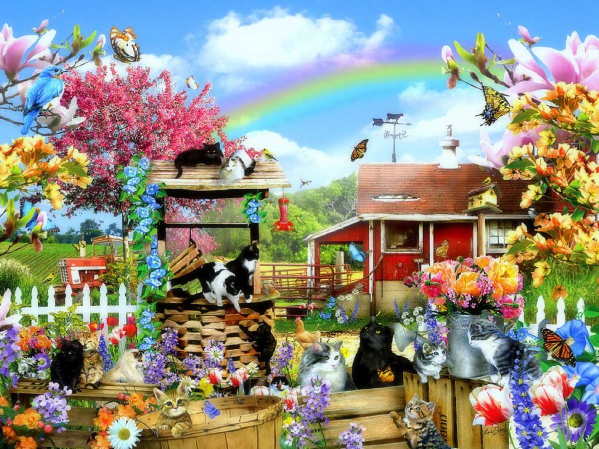Kitties on the Farm-Kotki na farmie wśród kwiatów puzzle online