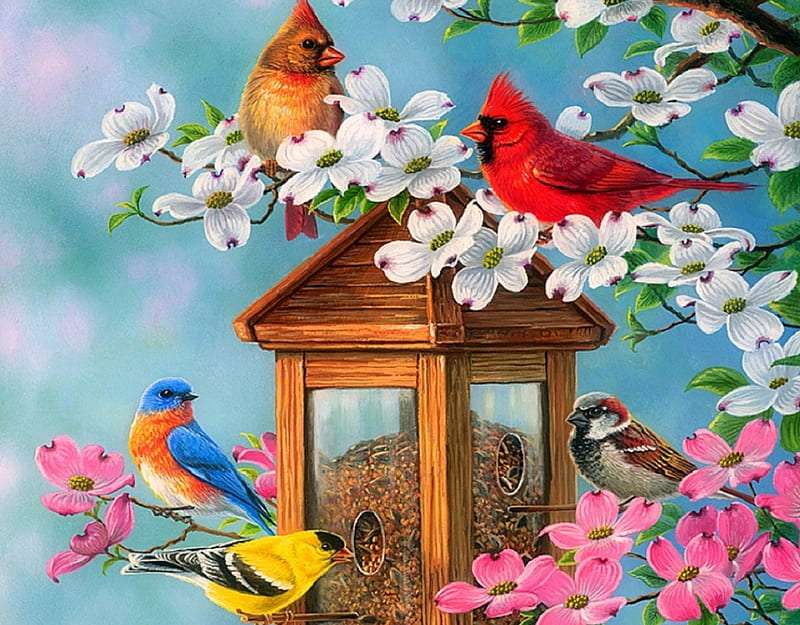 Radoś wiosny, ładne, piękne kolory kwiatów i ptaków puzzle online