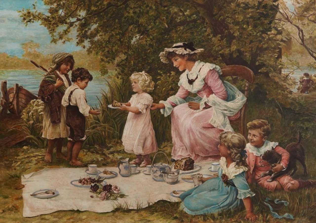 Piknik rodzinnych bogaczy i dzieci wsi puzzle online