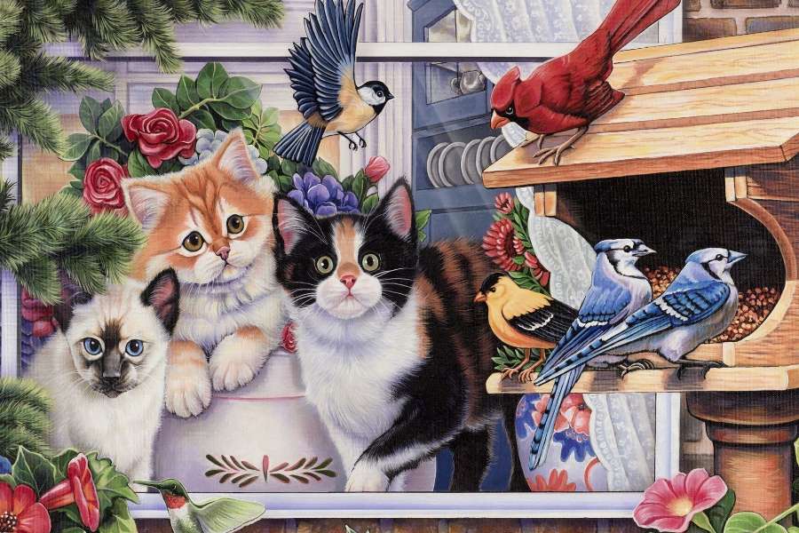Słodkie kociaki i piękne kolorowe ptaki puzzle online