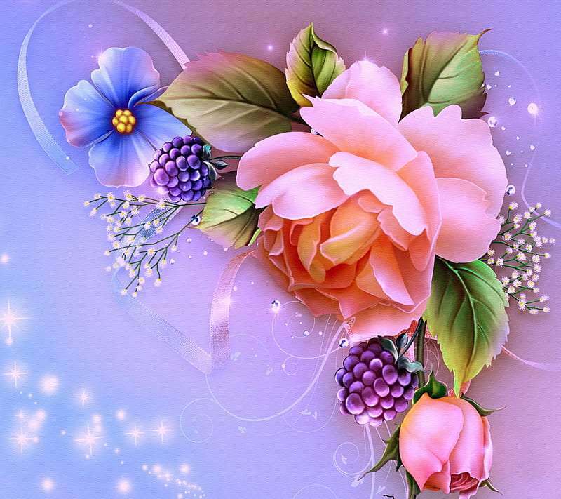 Piękny Kwiatowy wzór, jeżyna, piwonia, róża puzzle online