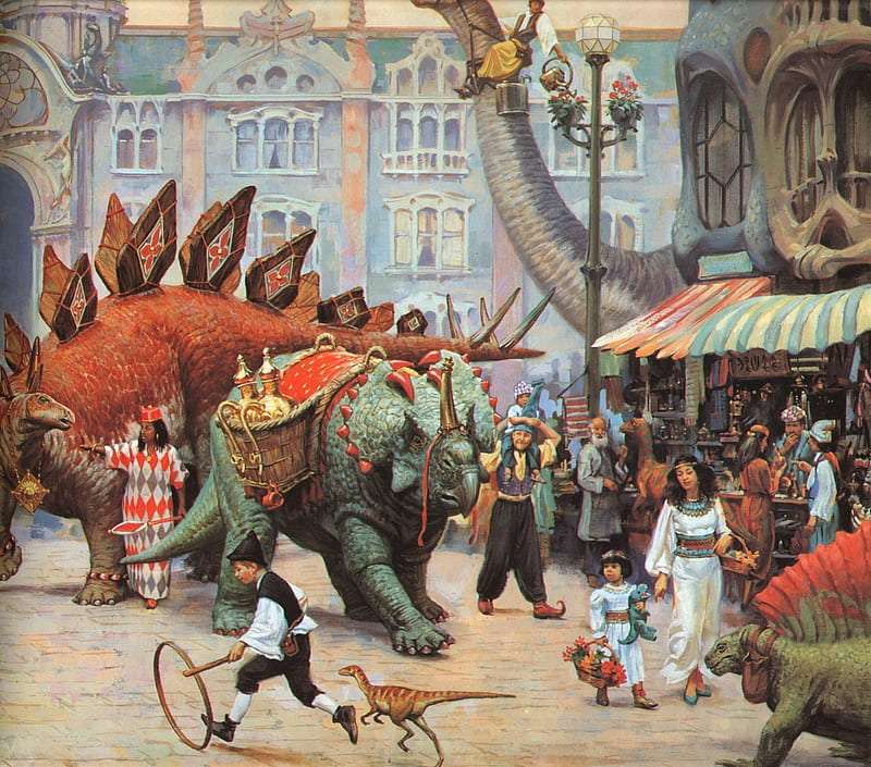 Dinotopia -parada dinozaurów w starym mieście puzzle online