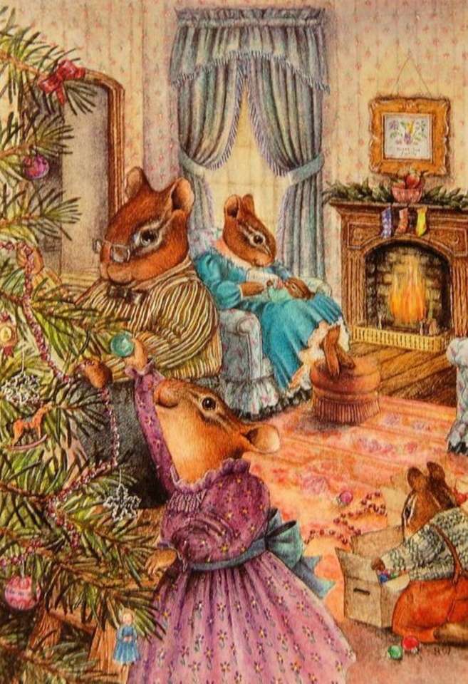 rodzina wiewiórek dekoruje drzewo puzzle online