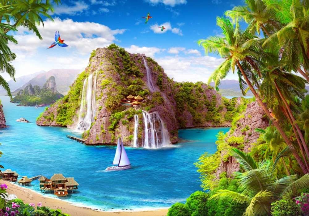 Egzotyczny rajski widok-domy na skale, wodospad puzzle online