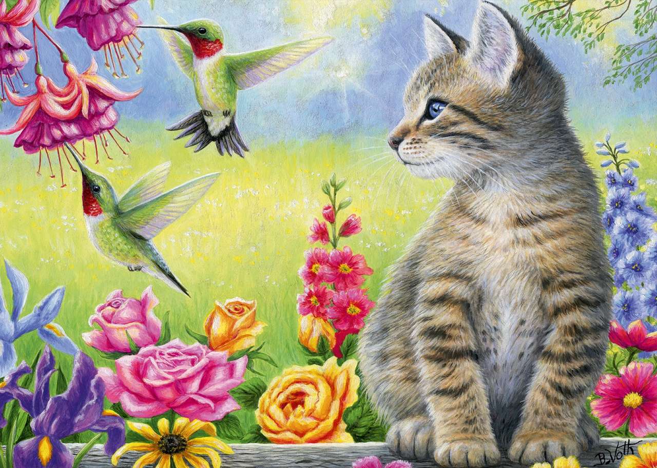 kotek wśród kwiatów i ptaków puzzle online