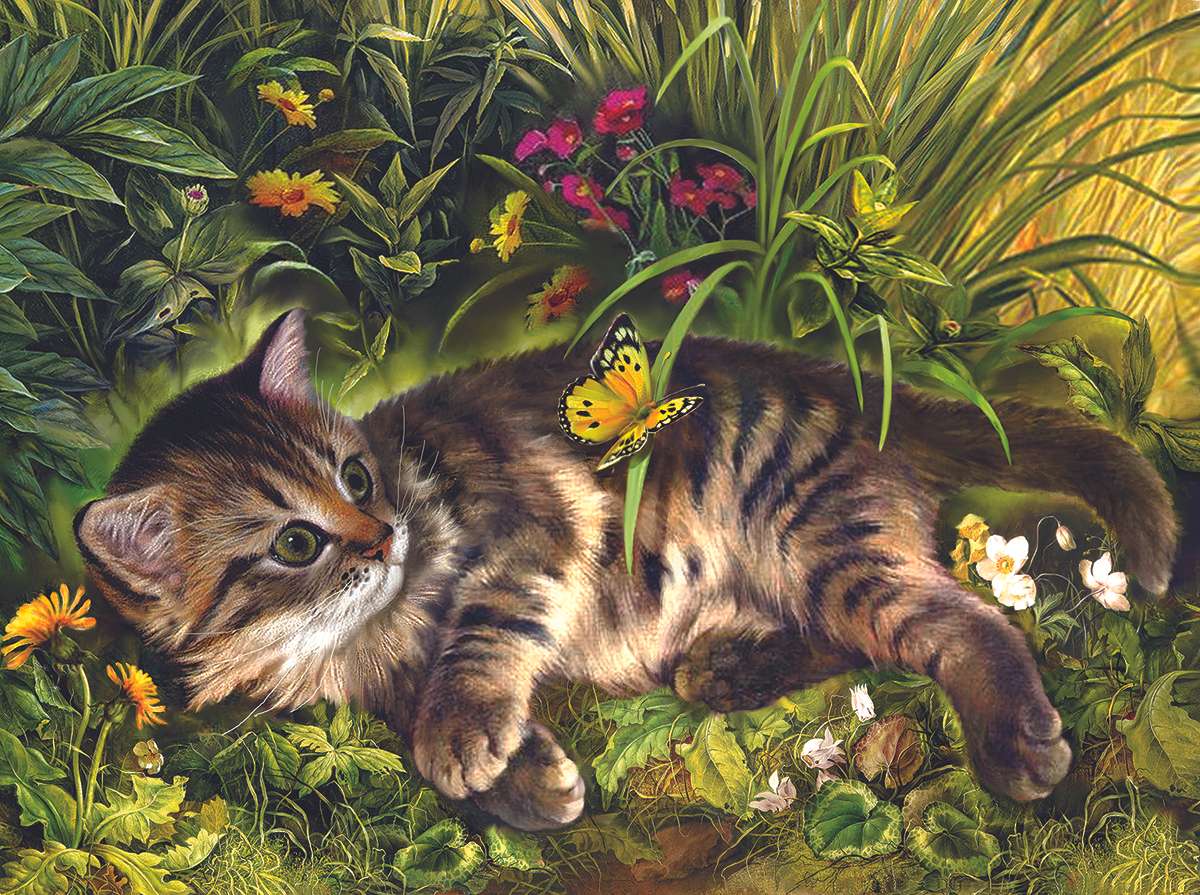 Słodki kotek leniuszek co kocha kwiaty puzzle online