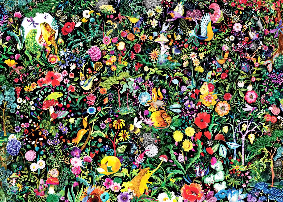 Kolorowy galimatias-kwiaty, zwierzaki ptaki, płazy puzzle online