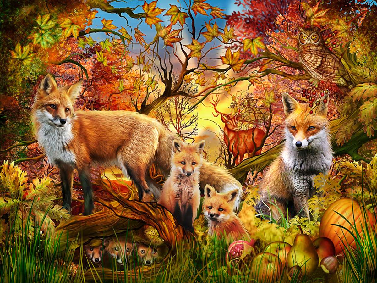 Jesienna rodzinka lisków i inne zwierzęta lasu puzzle online