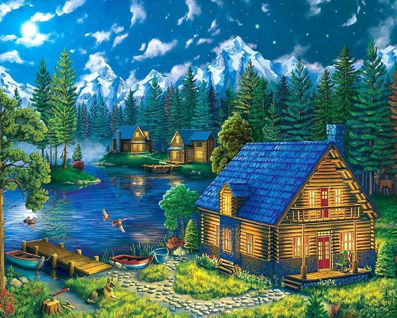 Drewniane domy wieczorową porą nad rzeką puzzle online