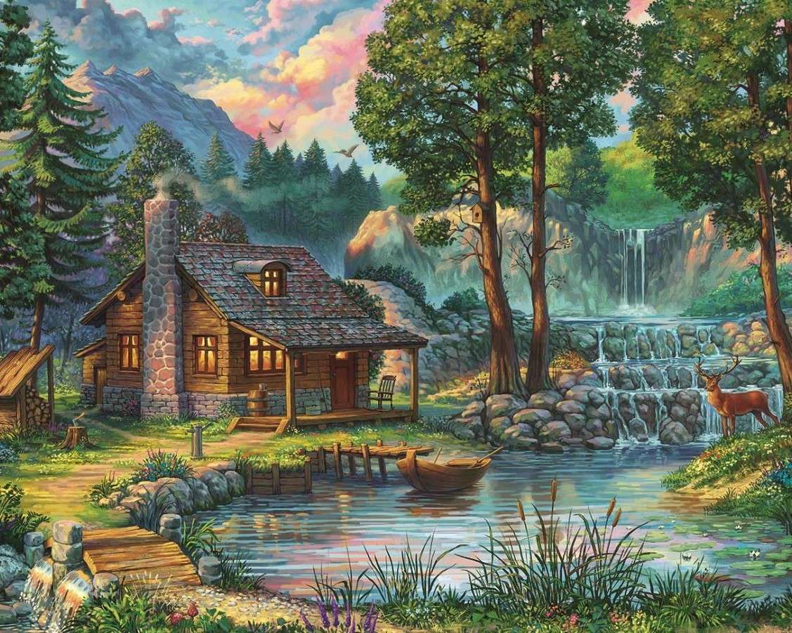 Dom w górach nad rzeką puzzle online
