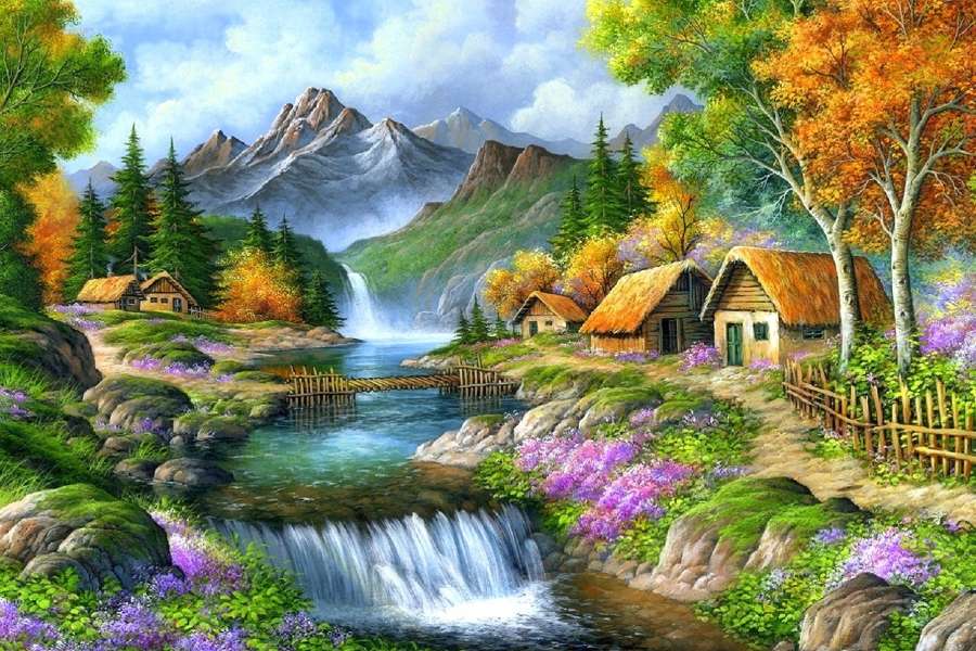 Malutka osada w górach przy wodospadach puzzle online
