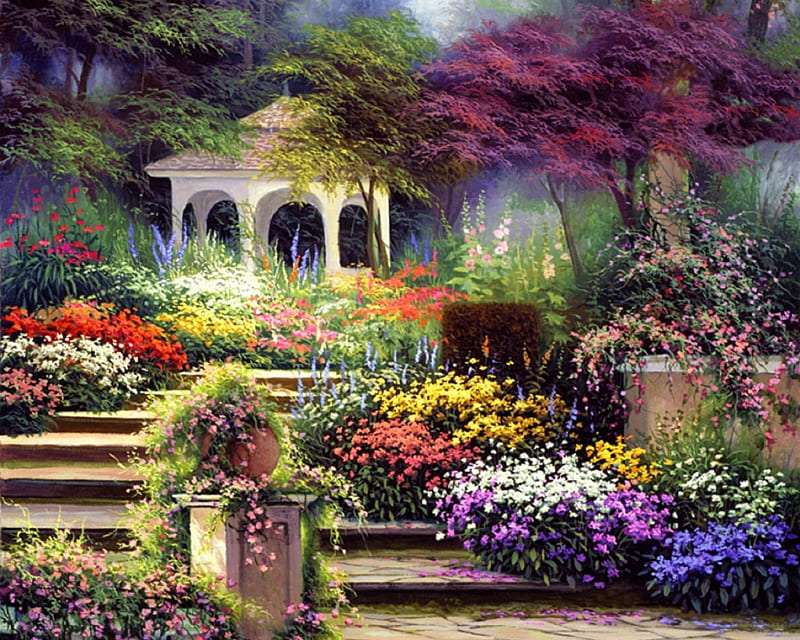 Taki ogród pełen kwiatów, taka altana to marzenie puzzle online