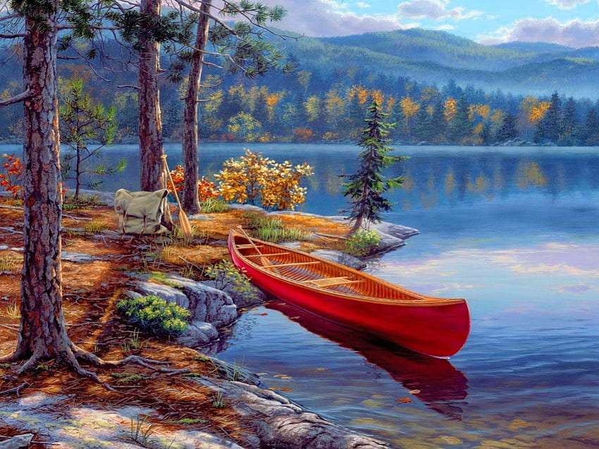 Samotna łódź na górskiej rzece puzzle online