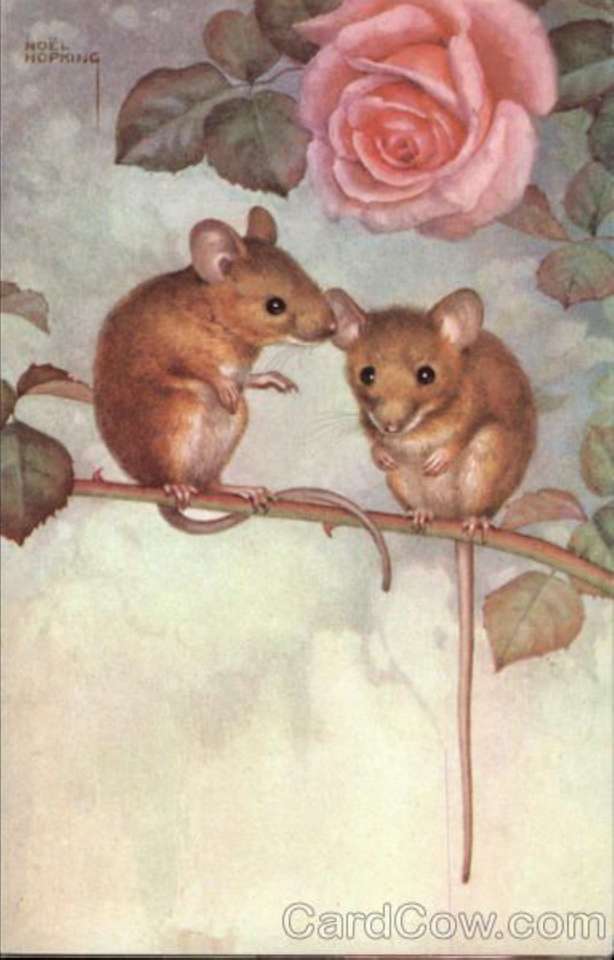 2 śliczne małe myszki w krzaku róży puzzle online
