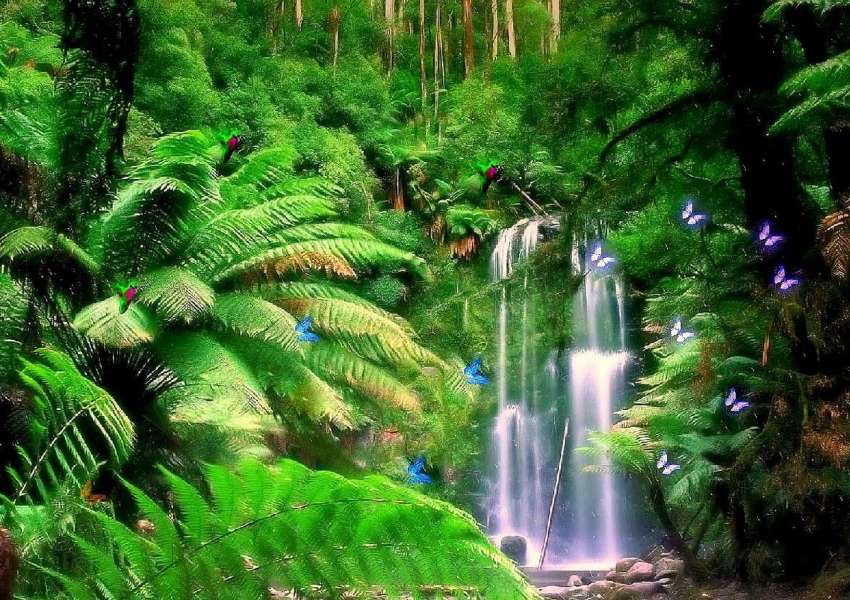 Zielony Tropikalny Wodospad, wspaniały widok puzzle online