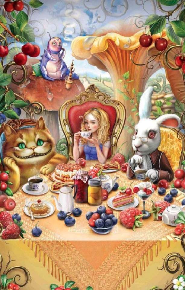Alicja jedząca z królikiem i kotem puzzle online