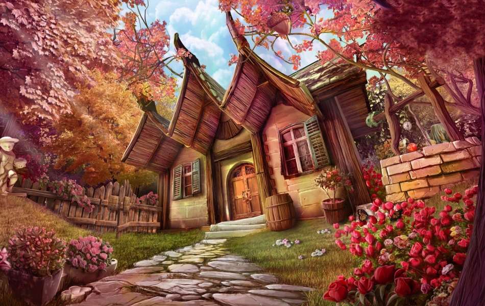 Fantazyjny ładny domek z ogrodem puzzle online