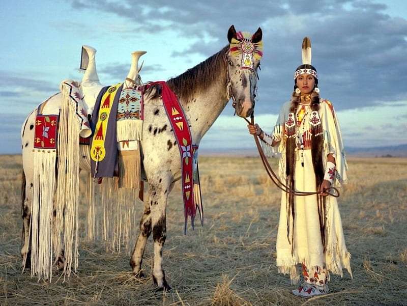 Historia-Stój rdzennej Indianki i konia puzzle online
