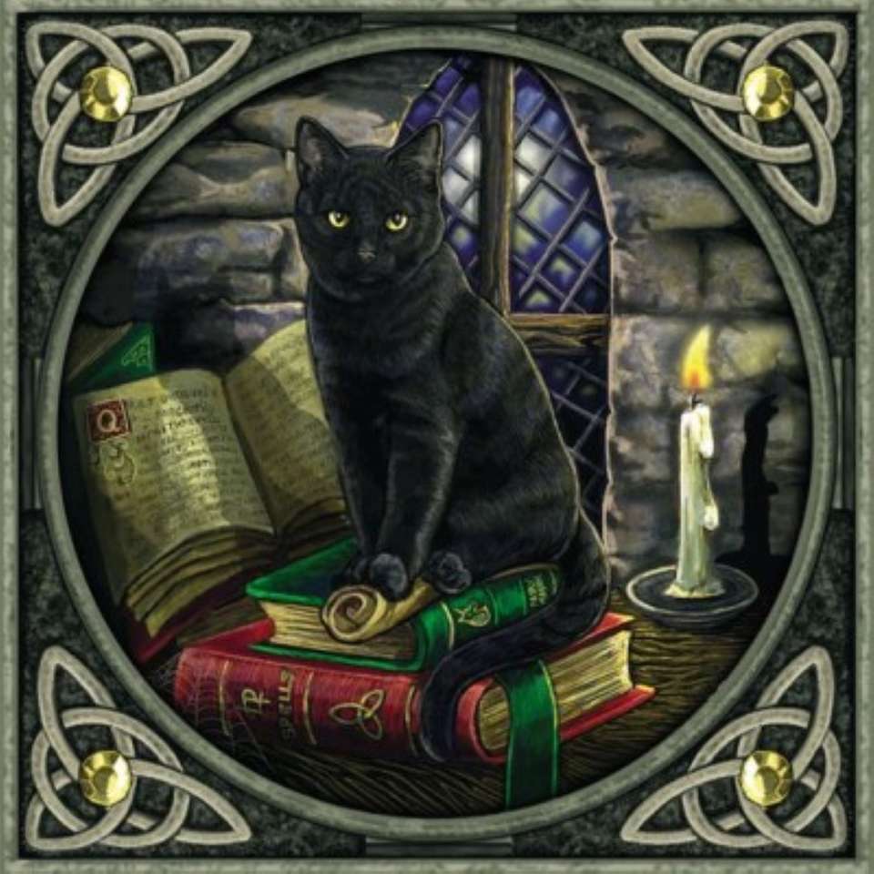 czarny kot siedzi na grymuarach puzzle online