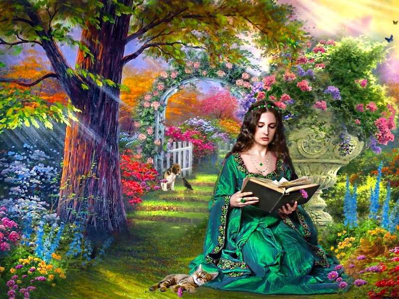 Dziewczyna czytająca w pięknym ogrodzie puzzle online