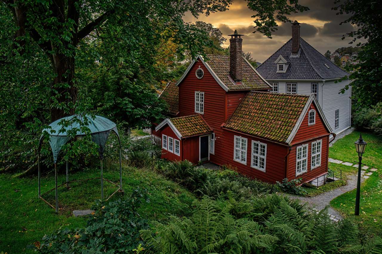 Norwegia - Domy Old Bergen - Muzeum Drzewa puzzle online