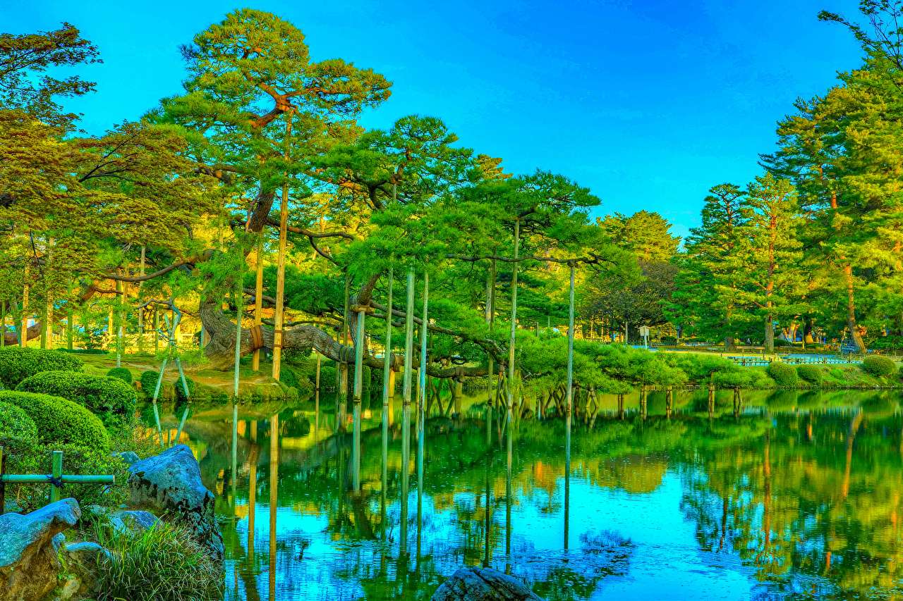 Japonia-Piękny Park nad stawem Kanazawa Kenrokuen puzzle online