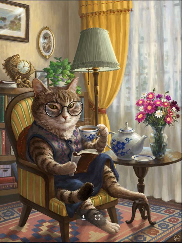 Kot pijący herbatę podczas czytania książki puzzle online