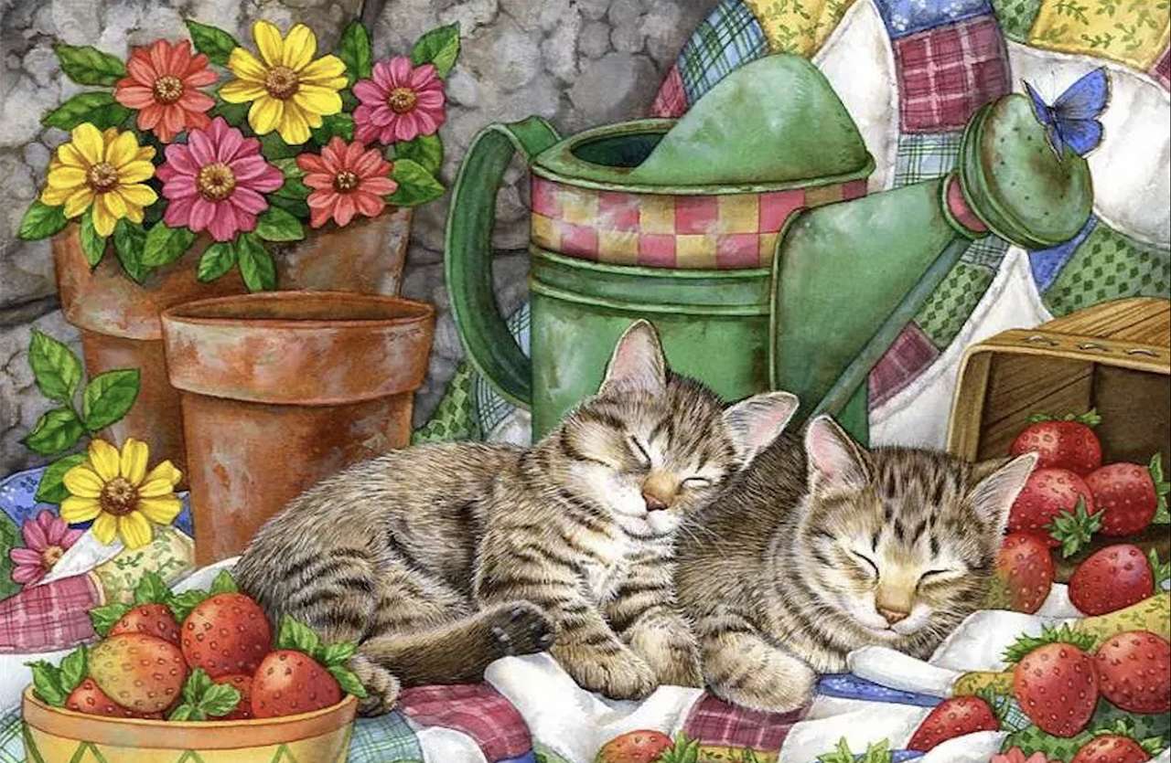 Dwa słodkie koteczki i truskaweczki w ogrodzie puzzle online