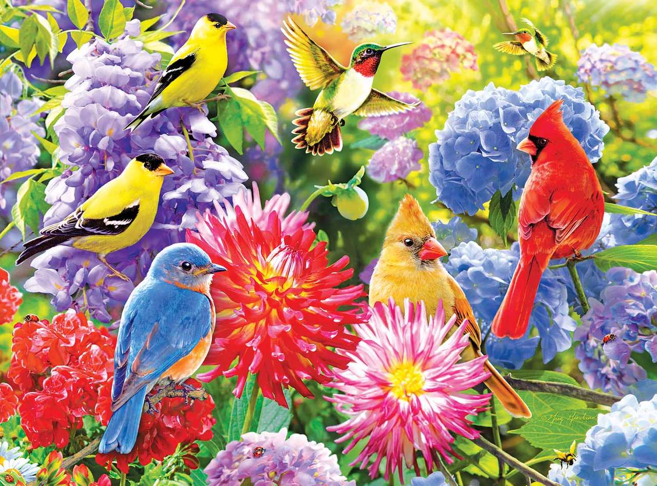Wśród kolorowych kwiatów kolorowe ptaszki trelują puzzle online