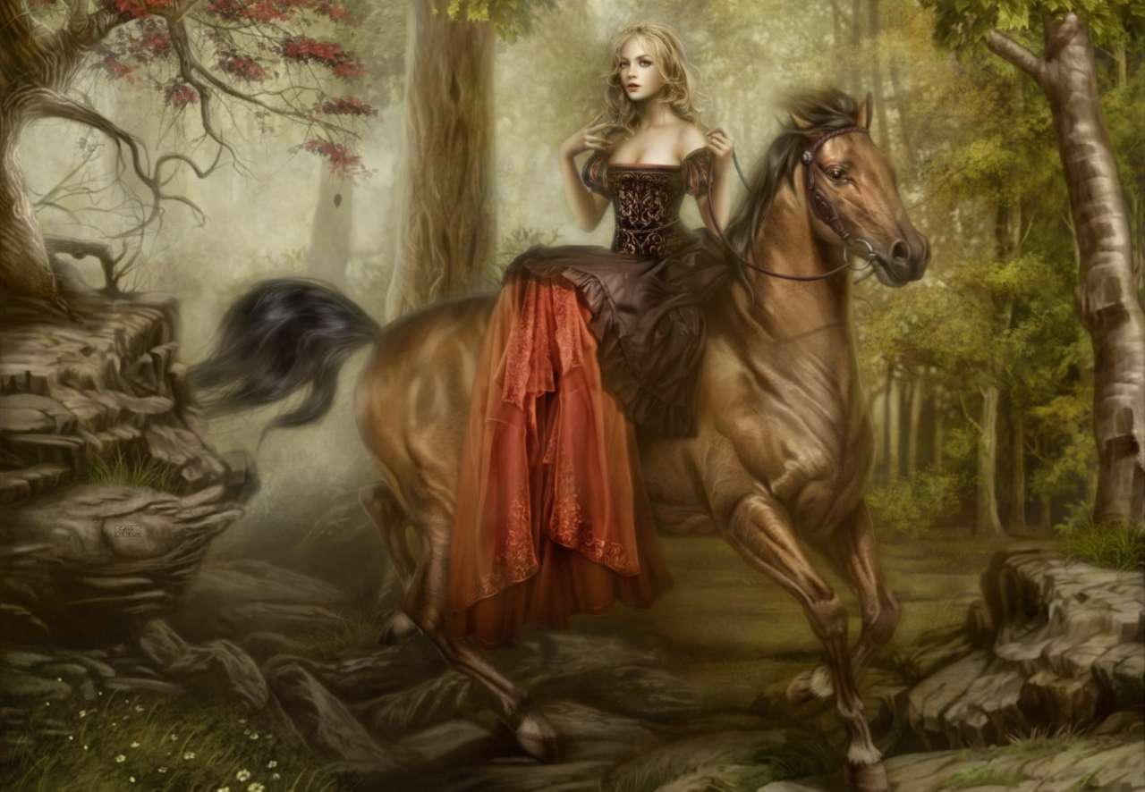 młoda kobieta na koniu w lesie puzzle online