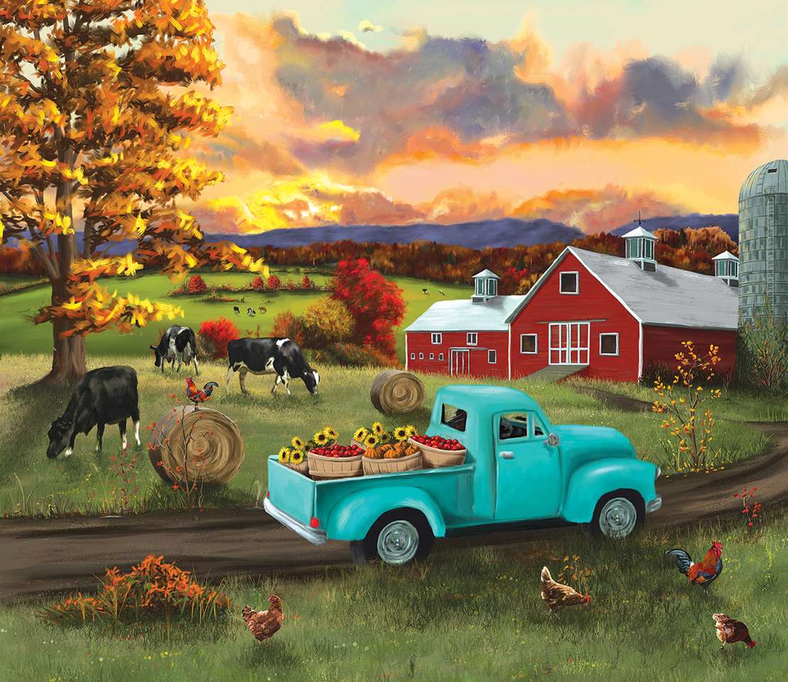 Jesienny zachód słońca nad farmą puzzle online