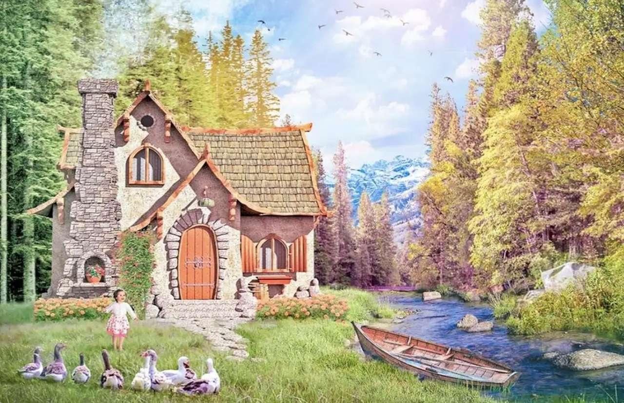 Dom jak z bajki w lesie nad górskim potokiem puzzle online