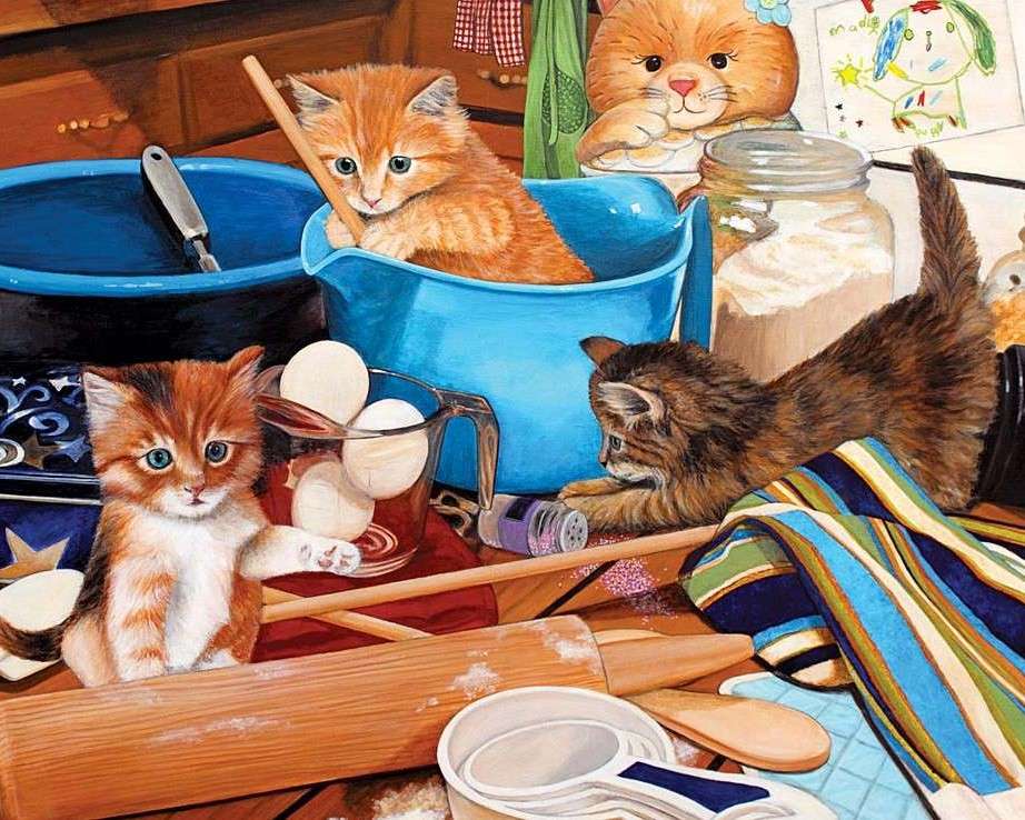Kotki bawiące się w kuchni na stole puzzle online