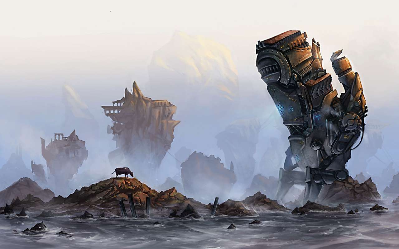 krowa fantasy robot krajobraz sylwetka puzzle online