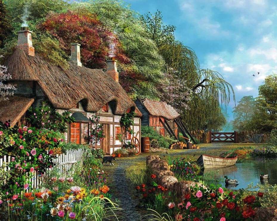 Dom pod strzechą przy jeziorze puzzle online