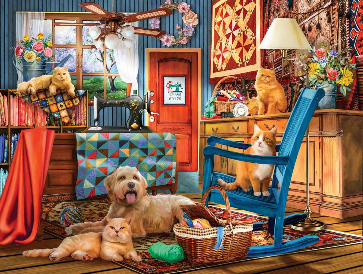 koty i pies w warsztacie krawieckim puzzle online