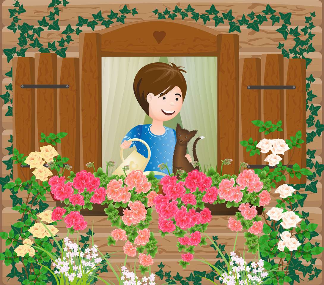 Dziewczyna podlewa kwiaty puzzle online